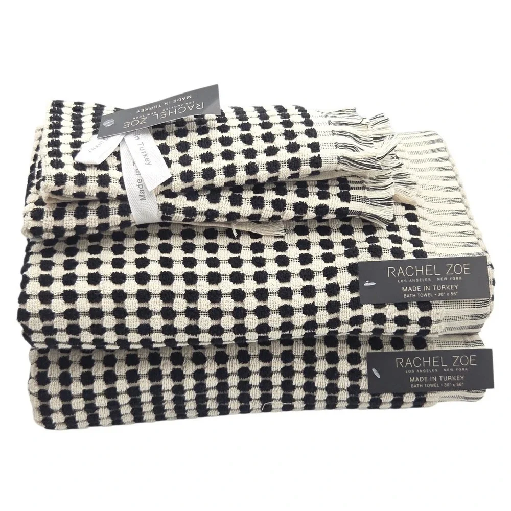 Rachel Zoe 4pc Turkish Cotton Towel Set Black Ecru Raised Dots 2 Bath 2 Hand